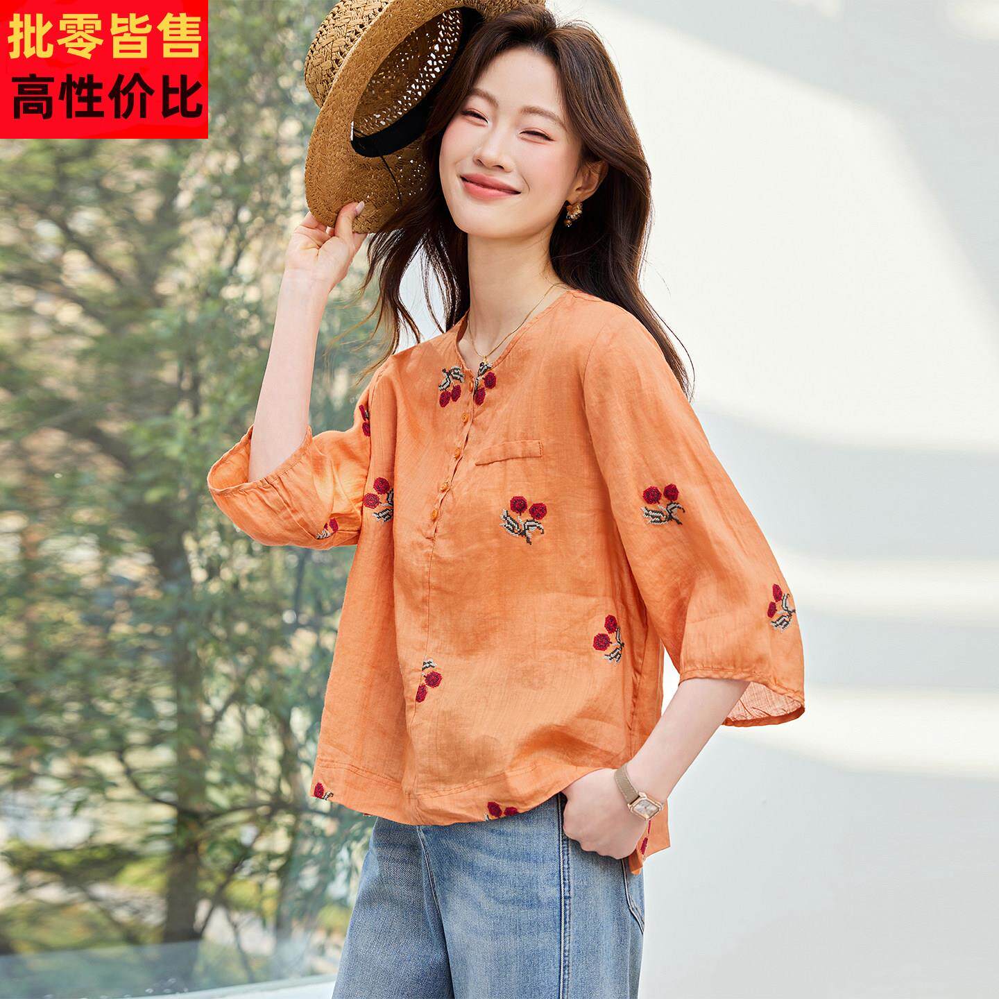 亚麻衬衫女短袖2026年新款女装高端棉麻上衣时尚独特漂亮苎麻小衫