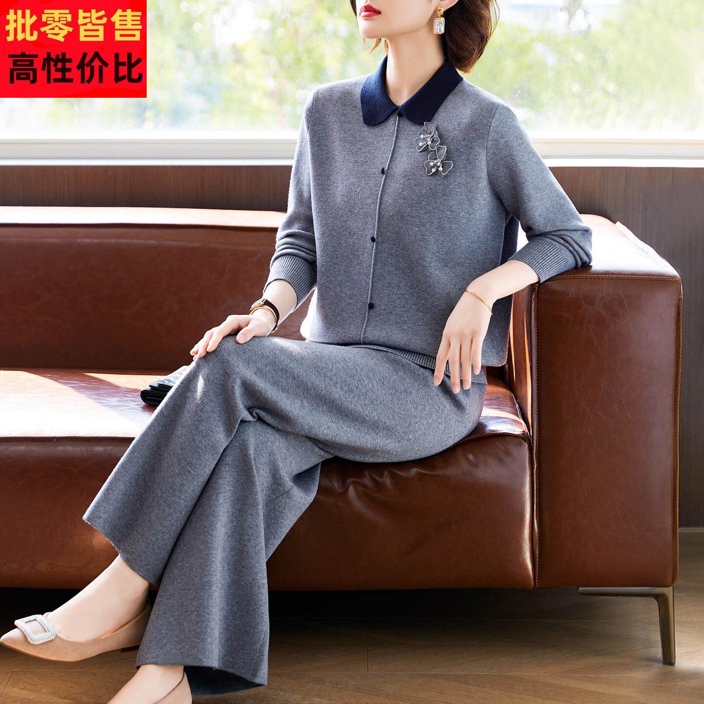 中年妈妈装春装针织打底小衫上衣中老年女装春秋季休闲运动服套装