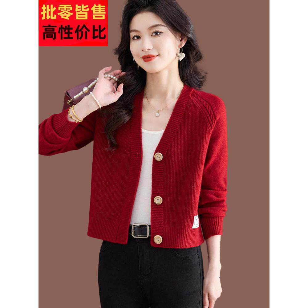 羊毛衫高腰短款红色毛衣外套女春秋新款百搭配裙小款外搭针织开衫