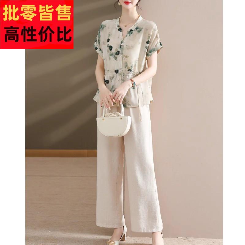 现货2025新款中年妈妈夏装套装雪纺上衣中老年女装短袖衬衫两件套