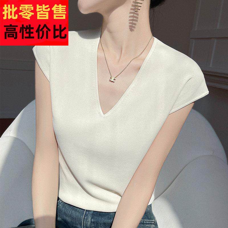 法式曲珠冰丝针织V领荷叶袖T恤背心女2026新修身显瘦百搭透气上衣