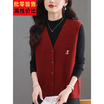 毛马甲早季新款宽松6523外搭针织开女衫纯色v领无袖毛衣秋背羊心