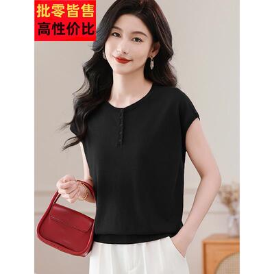 冰丝短新袖t女士2恤025款妈妈夏装桑蚕丝天丝针织衫圆领薄CWH款上