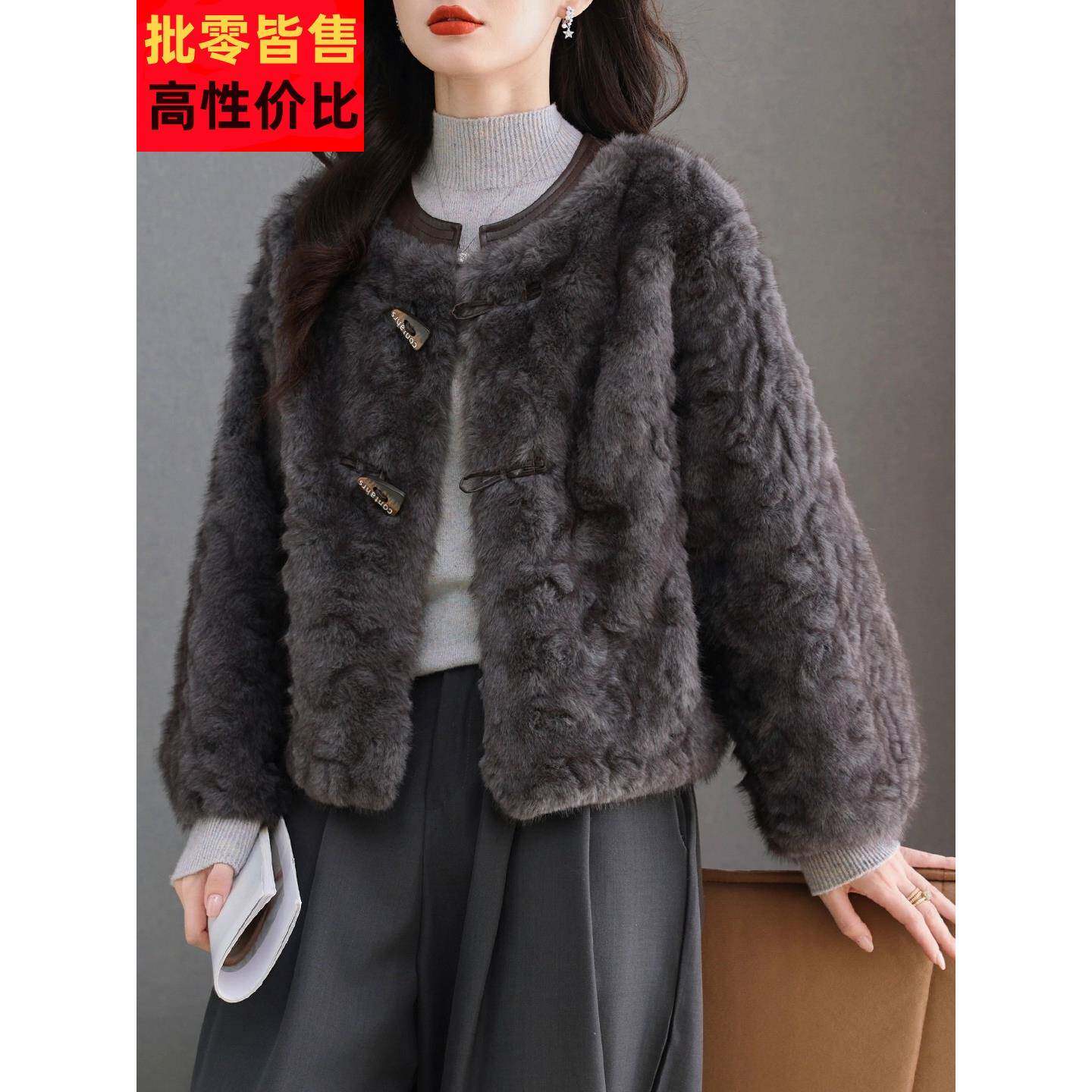 水貂绒皮草外套女开衫短款圆领羊毛衫宽松大码女装高腰2025新款秋