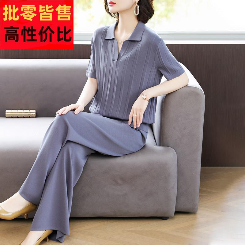 中年妈妈夏装短袖针织运动套装中老年女母亲节贵夫人冰丝T恤上衣
