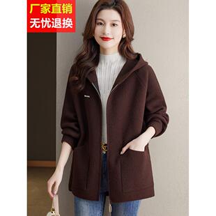 气质休闲连帽双面毛呢外套女秋冬新款胖mm加肥加大码遮臀羊绒大衣