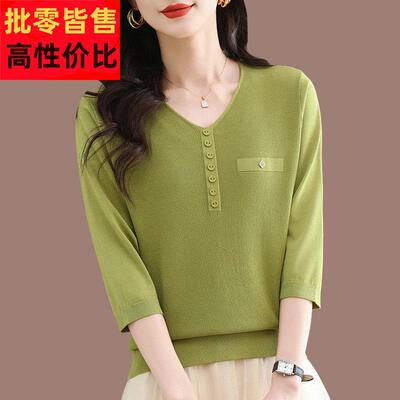 高端大JLS桑恤蚕丝七分袖牌t女派妈妈遮肚V领上洋衣春夏外穿针织