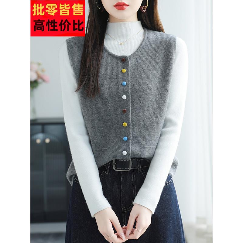 圆领无袖马甲背心外套女开衫短款高腰小个子羊毛衫宽松2025春秋装