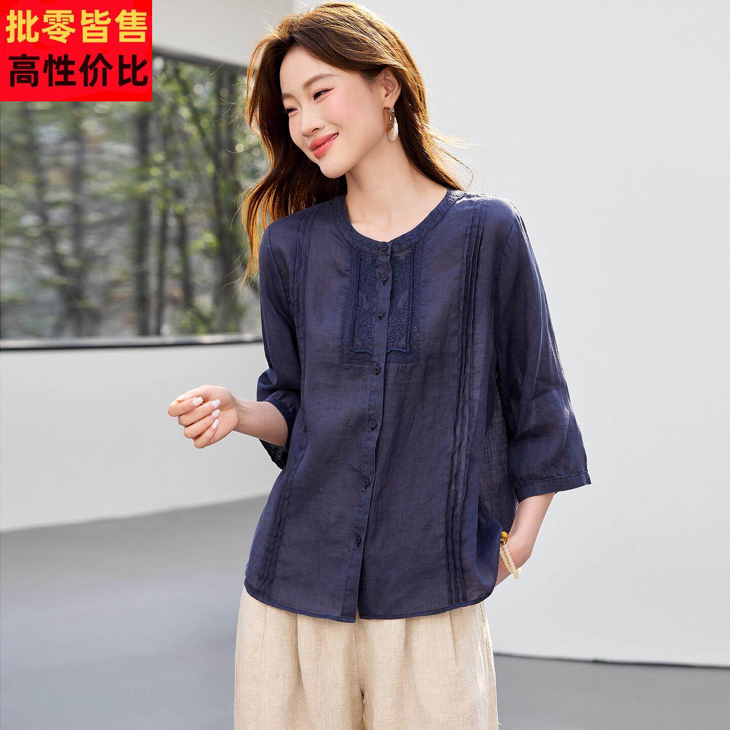 亚麻女高端棉麻上衣女夏季2026新款短袖女装休闲独特漂亮苎麻小衫