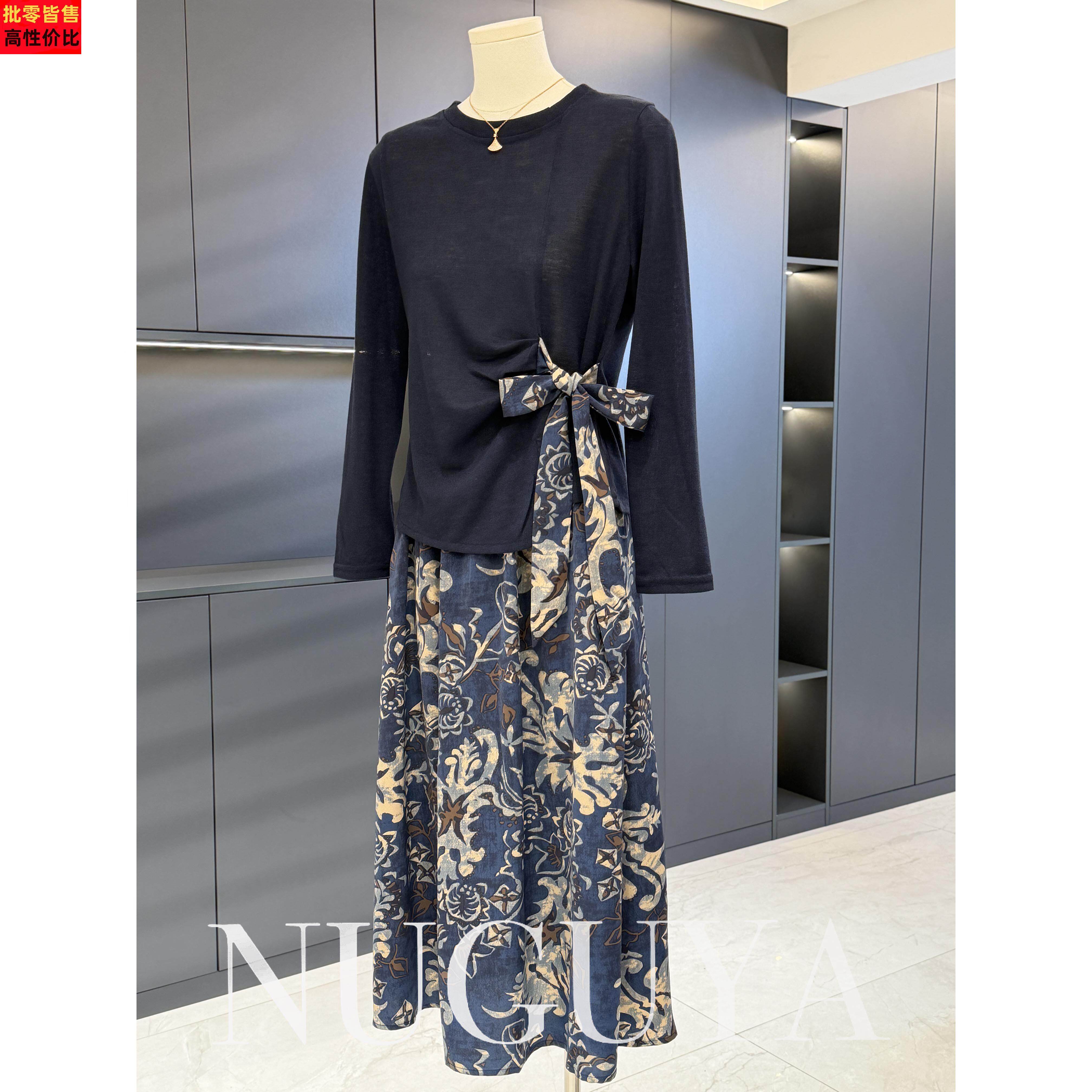 时尚洋气妈妈装系带连衣裙两件套春装新款气质百搭中老年裙子套装