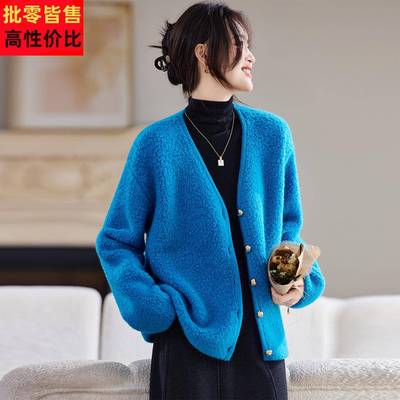 纯绵羊毛针织开衫女短款颗粒绒外套2025秋冬新款今年流行爆款上衣