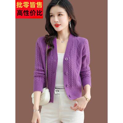 羊衫毛针亮织开衫女春秋新款妈妈RZZ衣洋气漂外搭短款宽松红色毛