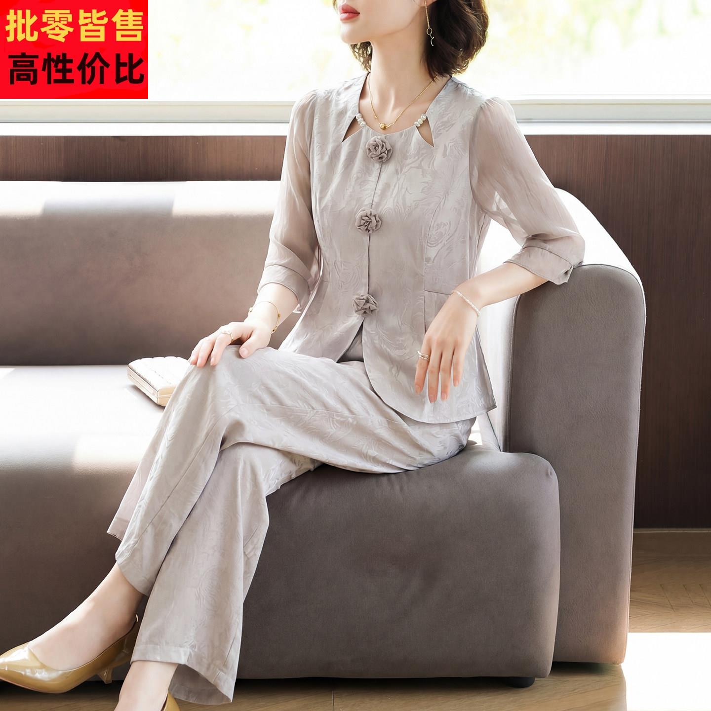 贵夫人妈妈夏装时尚套装母亲节中老年女装夏季雪纺短袖上衣两件套