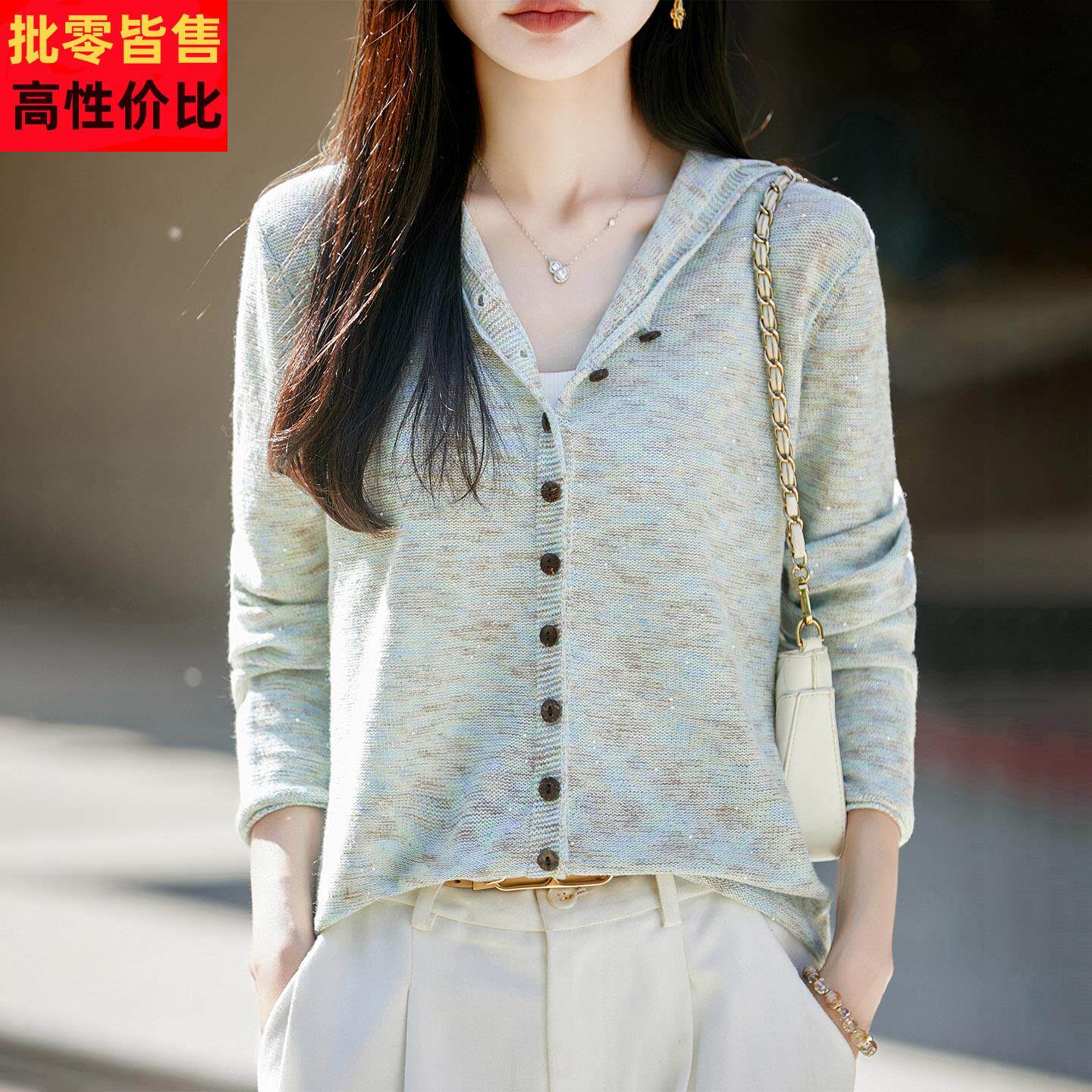 法式高端棉麻连帽针织开衫女薄款长袖防晒衫宽松显瘦百搭休闲外套