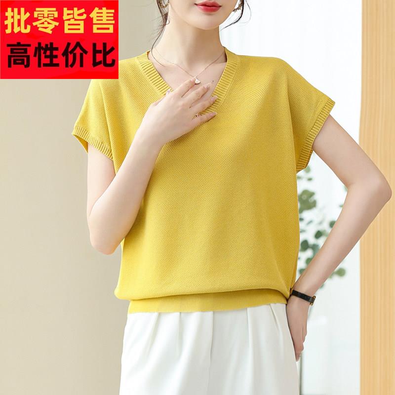 真丝桑蚕丝短袖t恤冰女025新款妈2妈夏装v领女士上衣款薄丝针1665