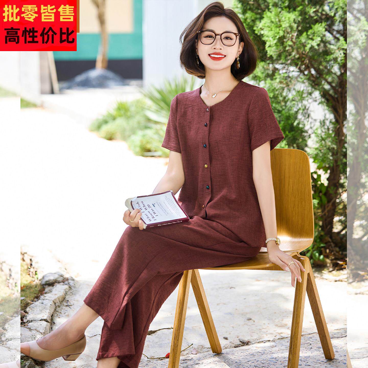 妈妈气质短袖衬衫中年女装夏装棉麻上衣中老年夏季阔腿裤薄款套装