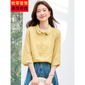 苎麻衬衫女款夏季2026新款棉麻亚麻女高端上衣复古休闲五分袖小衫