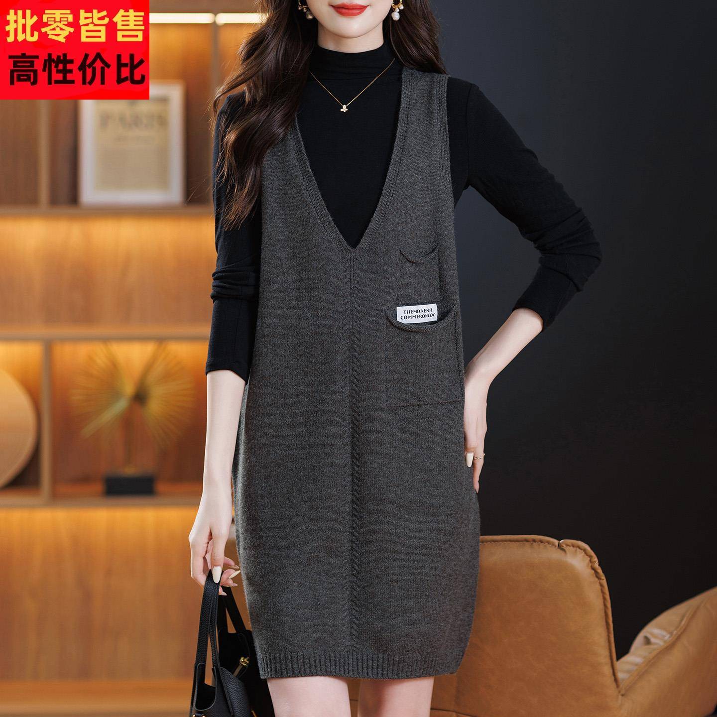 妈妈秋冬马甲女v领针织衫过膝无袖毛衣坎肩中长款宽松韩版背心裙