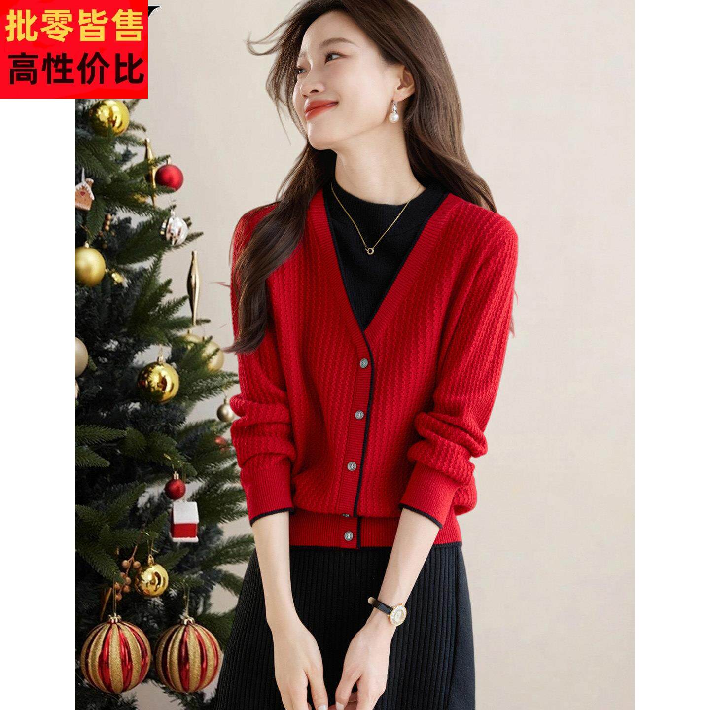 2025冬装新款圣诞氛围红色假两件气质打底毛衣洋气半高领上衣女装