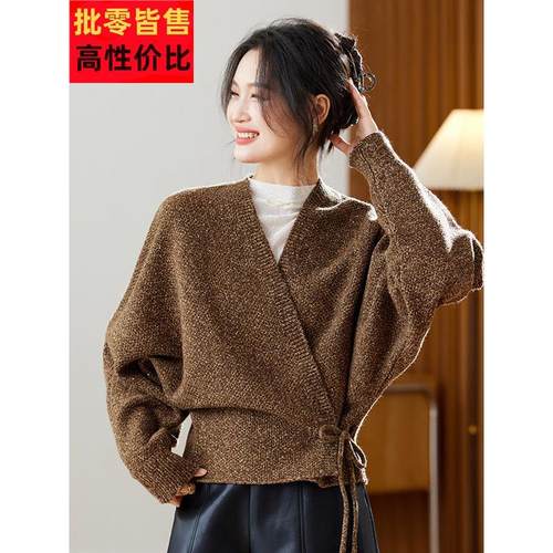 设计感交叉领系带花纱毛衣外套女秋冬宽松慵懒V领蝙蝠型针织开衫