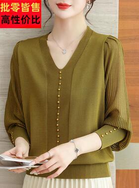 早丝秋纱V领冰针RUS织衫长袖T2恤女024春夏妈妈大码宽松时尚袖小