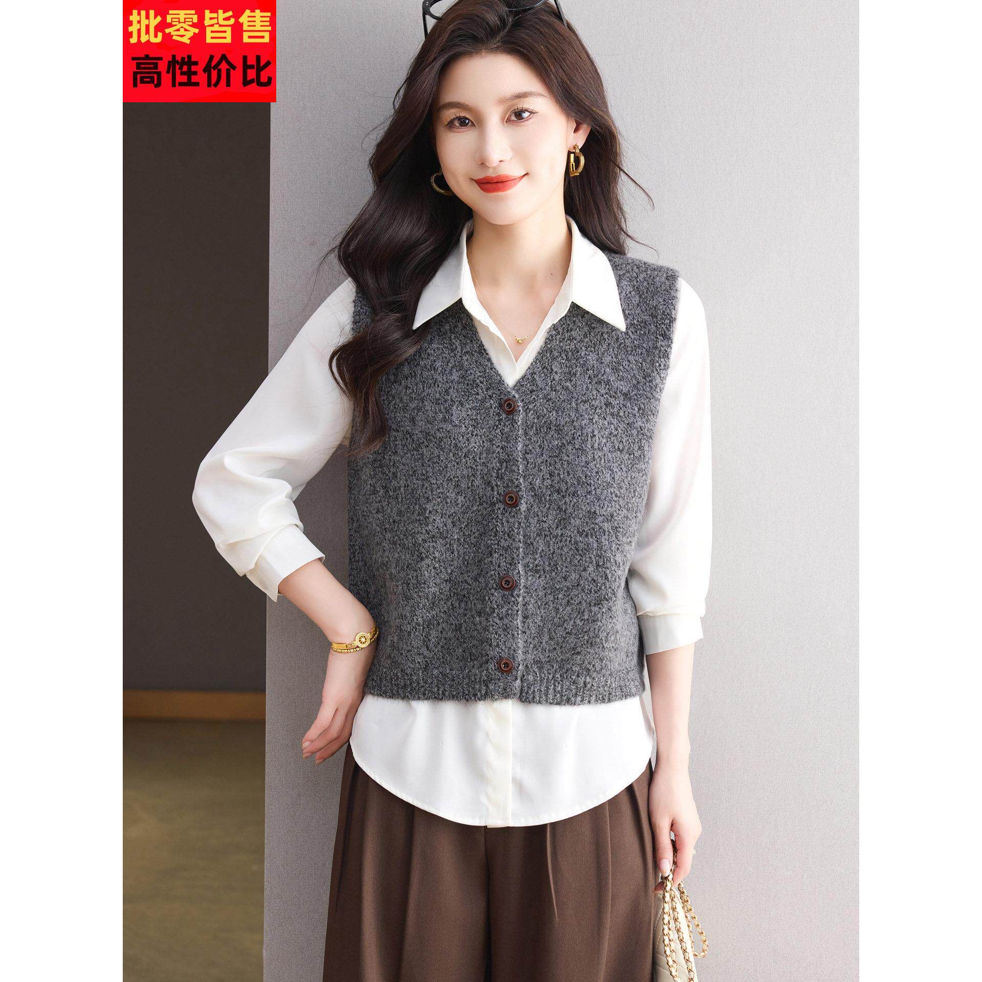 羊毛衫马甲子针女春秋FVZ织开外搭配裙短款小个子V领毛衫衣背心坎