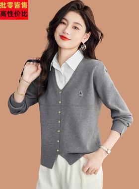 白色衬衫领假两件针织上衣新款今年流行的爆款女装毛衣宽松打底衫