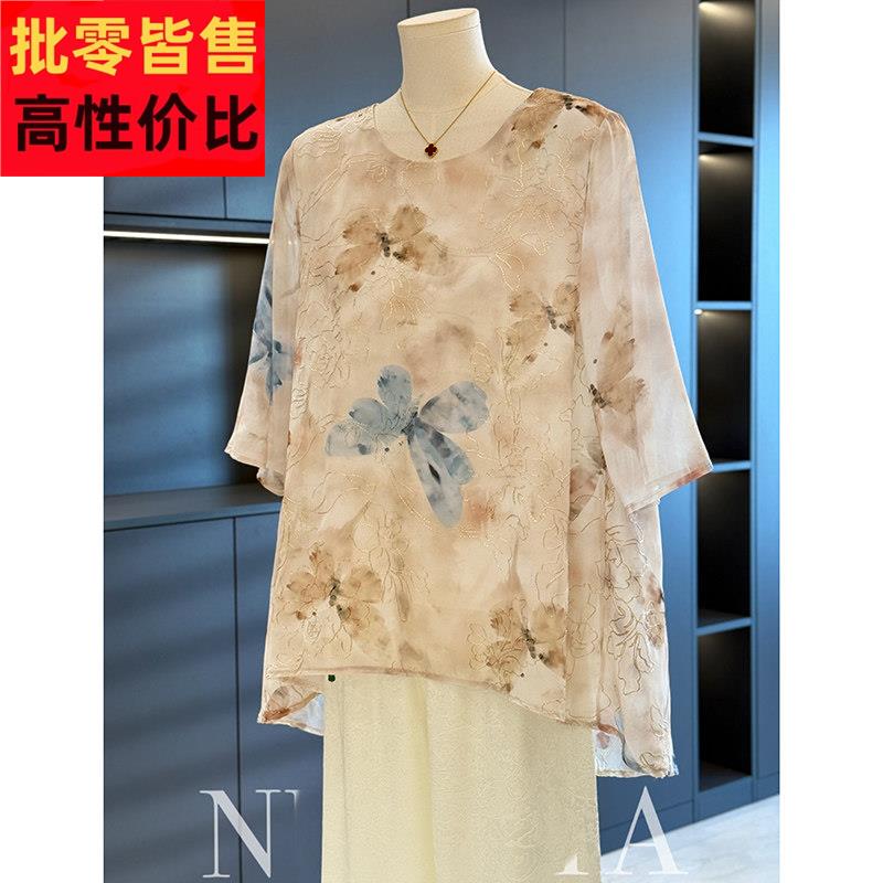 新中式国风妈妈装雪纺衬衫女大尺码夏装新款上衣气质百搭中老年衬