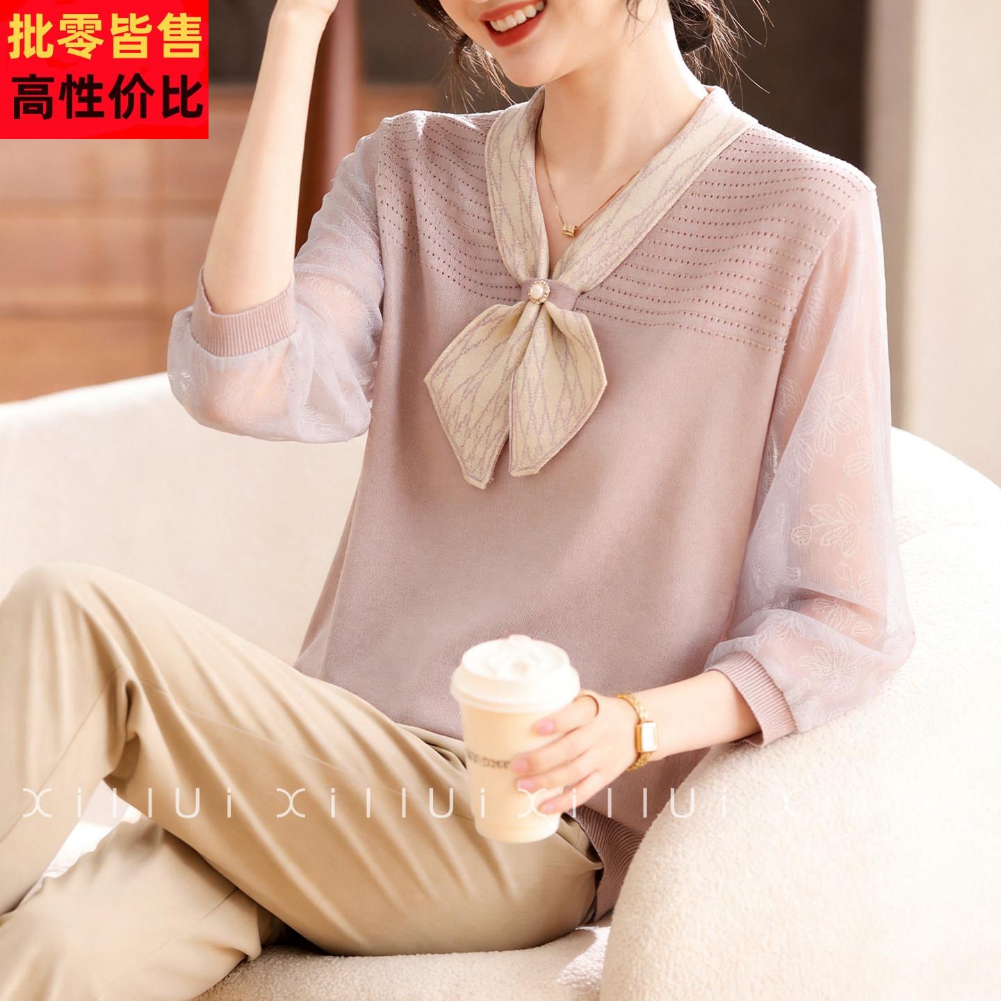 喜卉妈妈春装薄款纱袖针织上衣中老年女装春季洋气减龄七分袖T恤