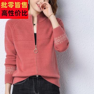 100纯羊毛衫女针织开衫外套上衣外搭拉链毛衣秋季半高领羊绒衫