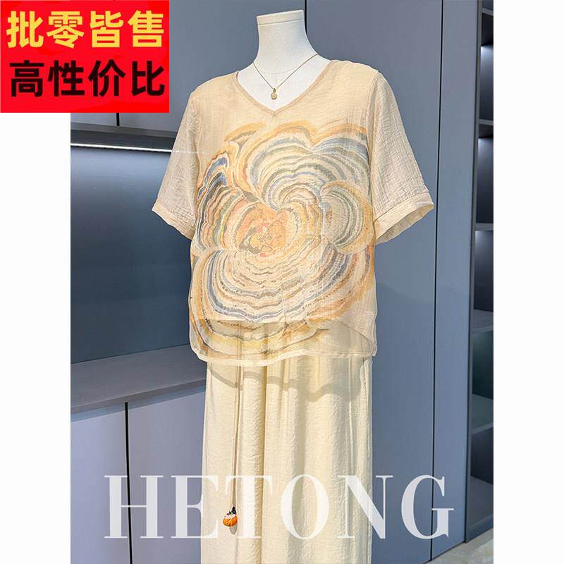 五十多岁妈妈夏装宽松短袖T恤小衫套装中年女国风棉麻上衣两件套
