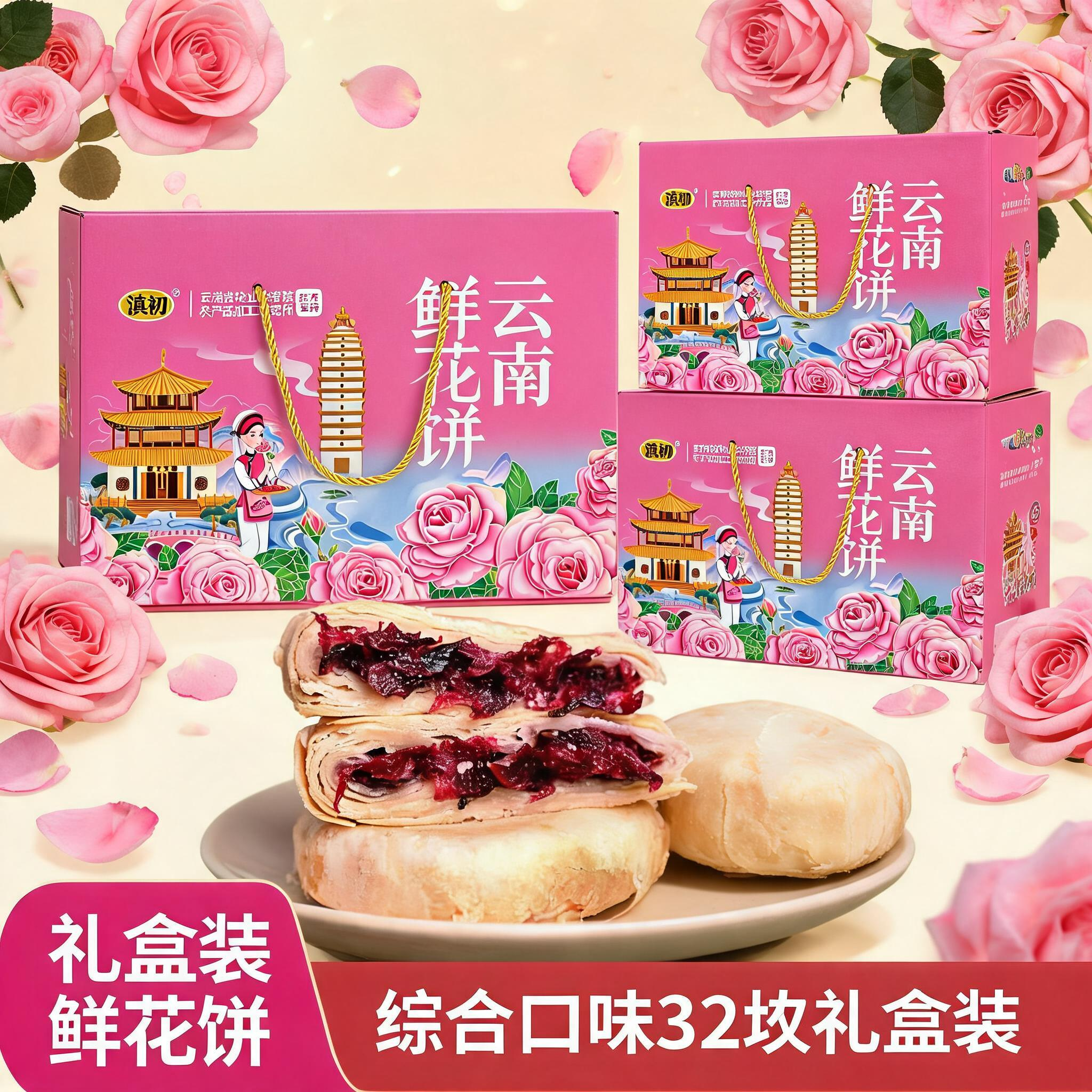 云南鲜花饼大礼盒32枚装特产经典原味抹茶紫薯红糖糕点送礼批发