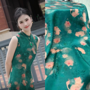 新品湖绿色猫咪睡莲透孔花罗红云纱面料连衣裙旗袍外套上衣布料