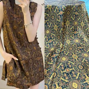 夏季新品蓝黄色八大晕花罗红云纱奥黛连衣裙旗袍套装新中式布料