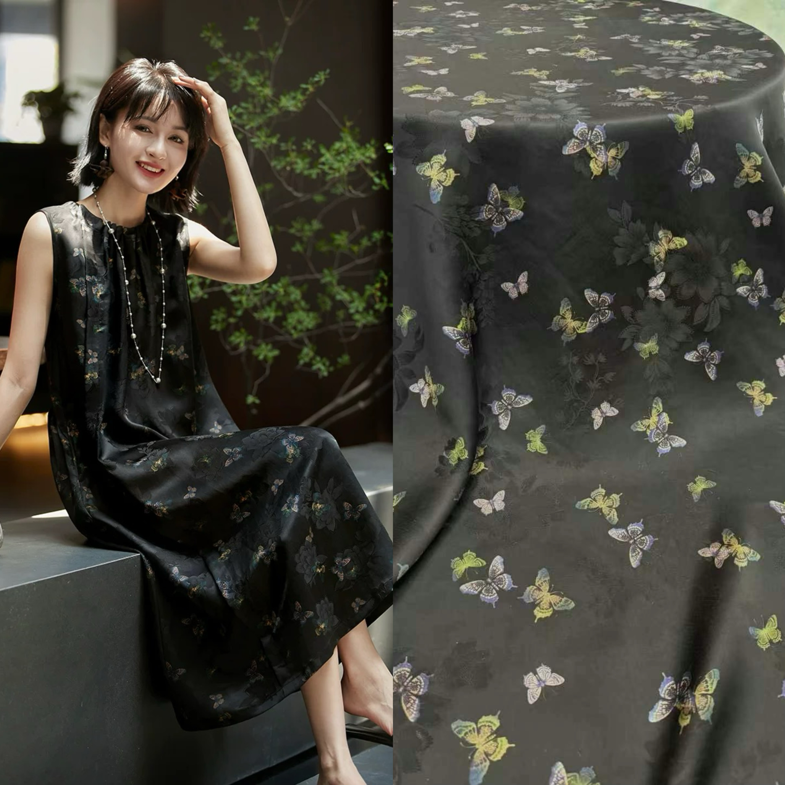 新品黑色蝴蝶花萝红云纱面料高定连衣裙衬衫旗袍桑蚕丝服装布料