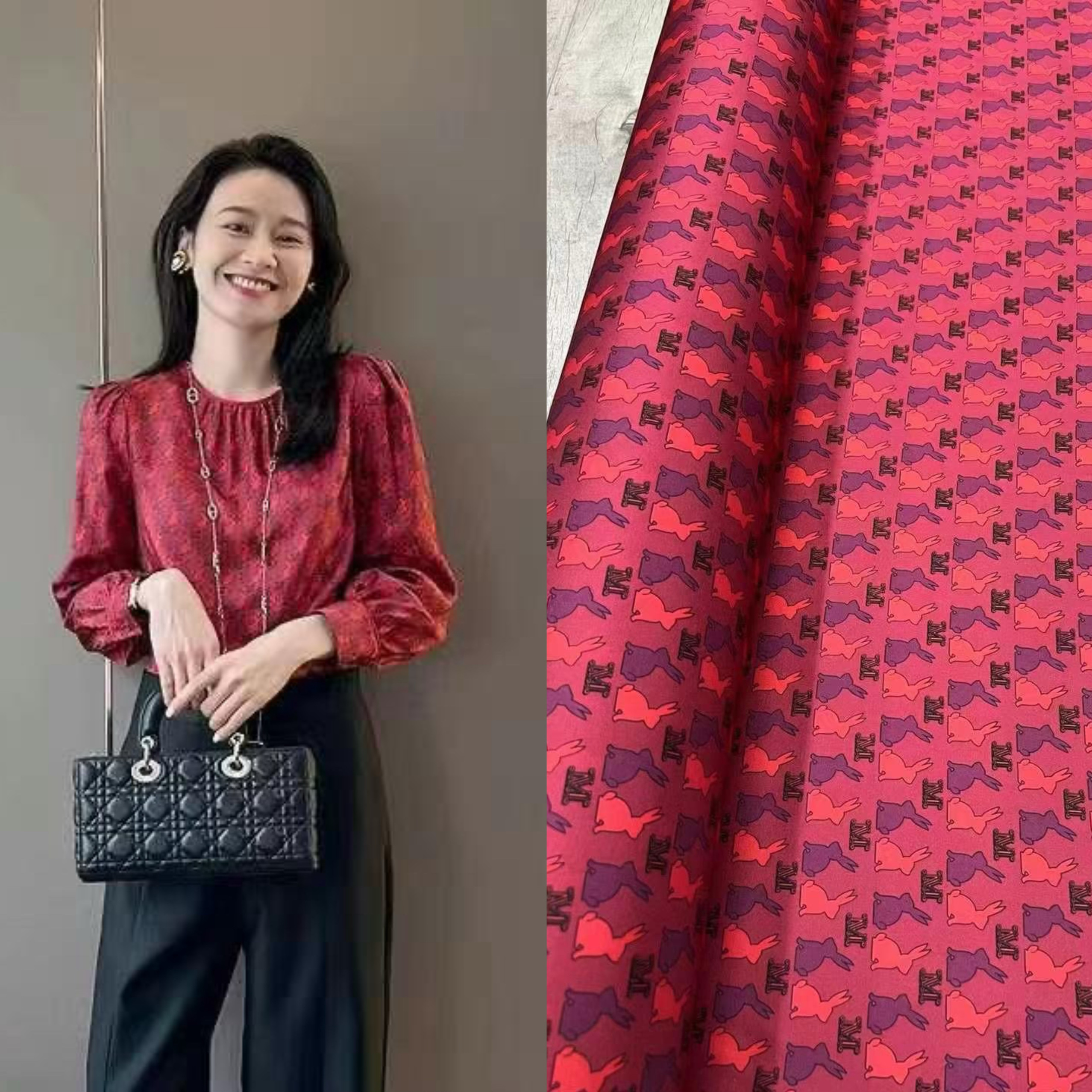 新品红色小兔子印花斜纹弹力真丝布料高档连衣裙衬衫服装定制面料