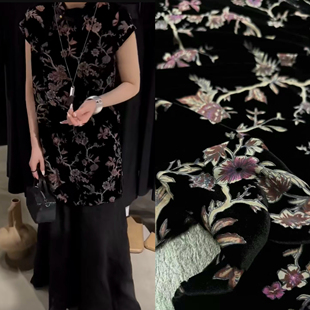 缠枝花卉真丝烂花绒面料气质上衣旗袍套装桑蚕丝服装布料新中式