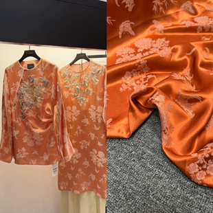 新品高定M家真丝提花冠乐绉面料橘黄色梅兰竹菊国风上衣连衣裙布