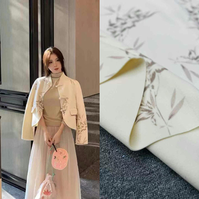 新中式国风奶白色双面羊绒印花面料高定短款马甲斗篷大衣服装布料