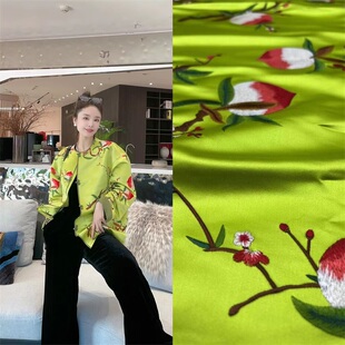新品国风纯真丝库缎重工刺绣面料蟠桃花高定上衣马甲外套服装布料