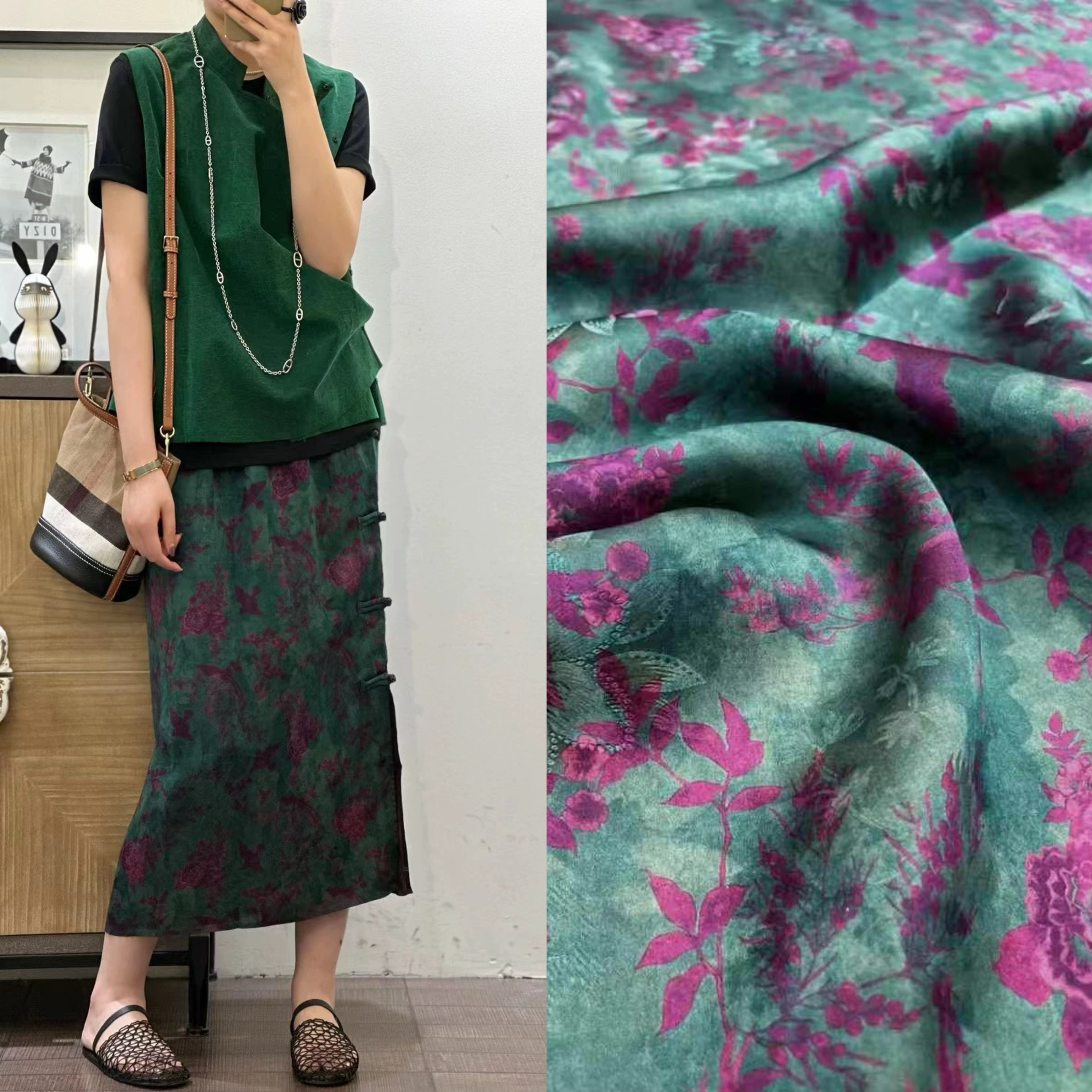 新品高定莺歌燕舞真丝香云纱红云纱面料新中式半裙上衣连衣裙布料