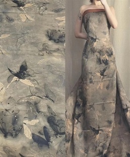 新品墨染黑蝴蝶香云纱透孔花罗面料高定吊带裙连衣裙旗袍蚕丝布料