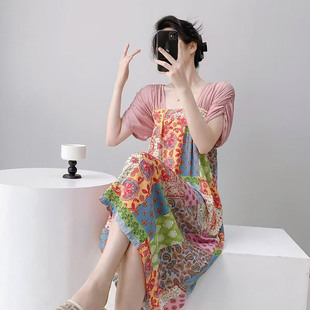 睡裙女款 可外穿绵绸睡衣复古长裙 夏季 连衣裙棉绸家居服宽松大码
