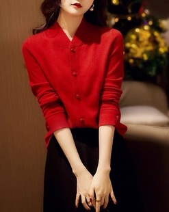 正品哥家女装2025复古中国风羊毛开衫高端打底衫新年红色针织上衣