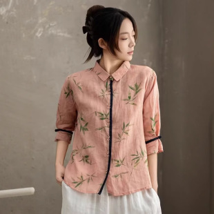 特价清仓园园美衣25夏新款苎麻印花翻领衬衫轻薄款撞色门襟休闲