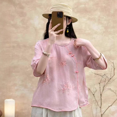 园园美衣季新款苎麻刺绣衬衫女文艺时尚纯色圆领气质宽松盘扣衬衣