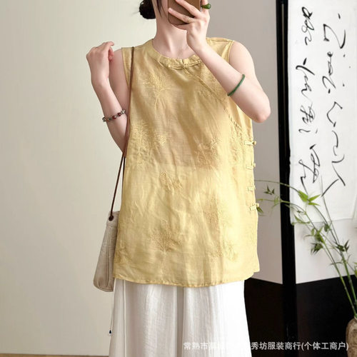 园园美衣2026夏季新款刺绣花边苎麻上衣透气清凉短袖宽松苎麻衬衣