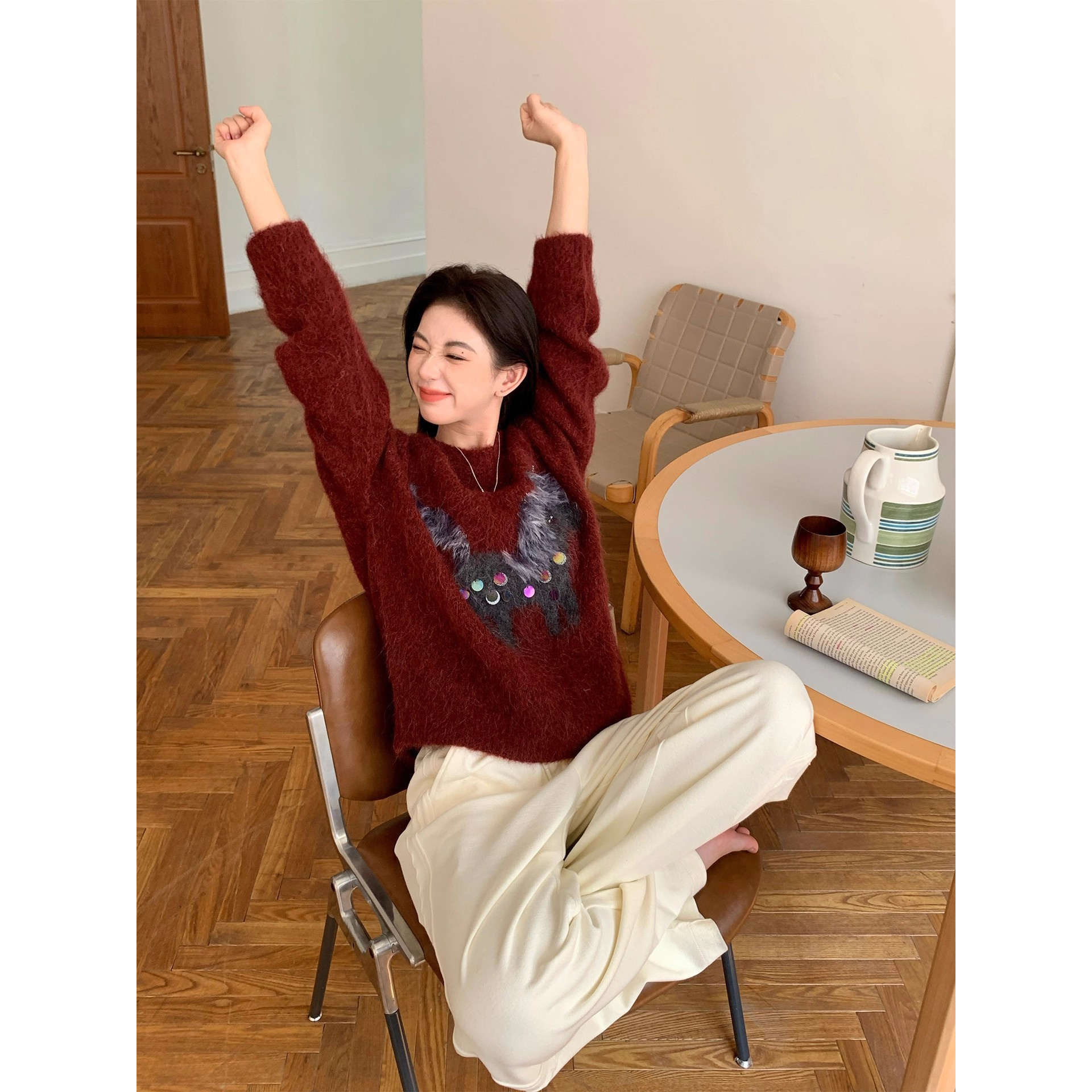 园园美衣 新年针织套头毛衣亮片苏利羊驼绒内搭针织衫秋冬上衣女