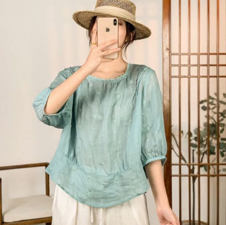 特价清仓园园美衣复古休闲苎麻小V领体恤衫25夏宽松刺绣半开襟女
