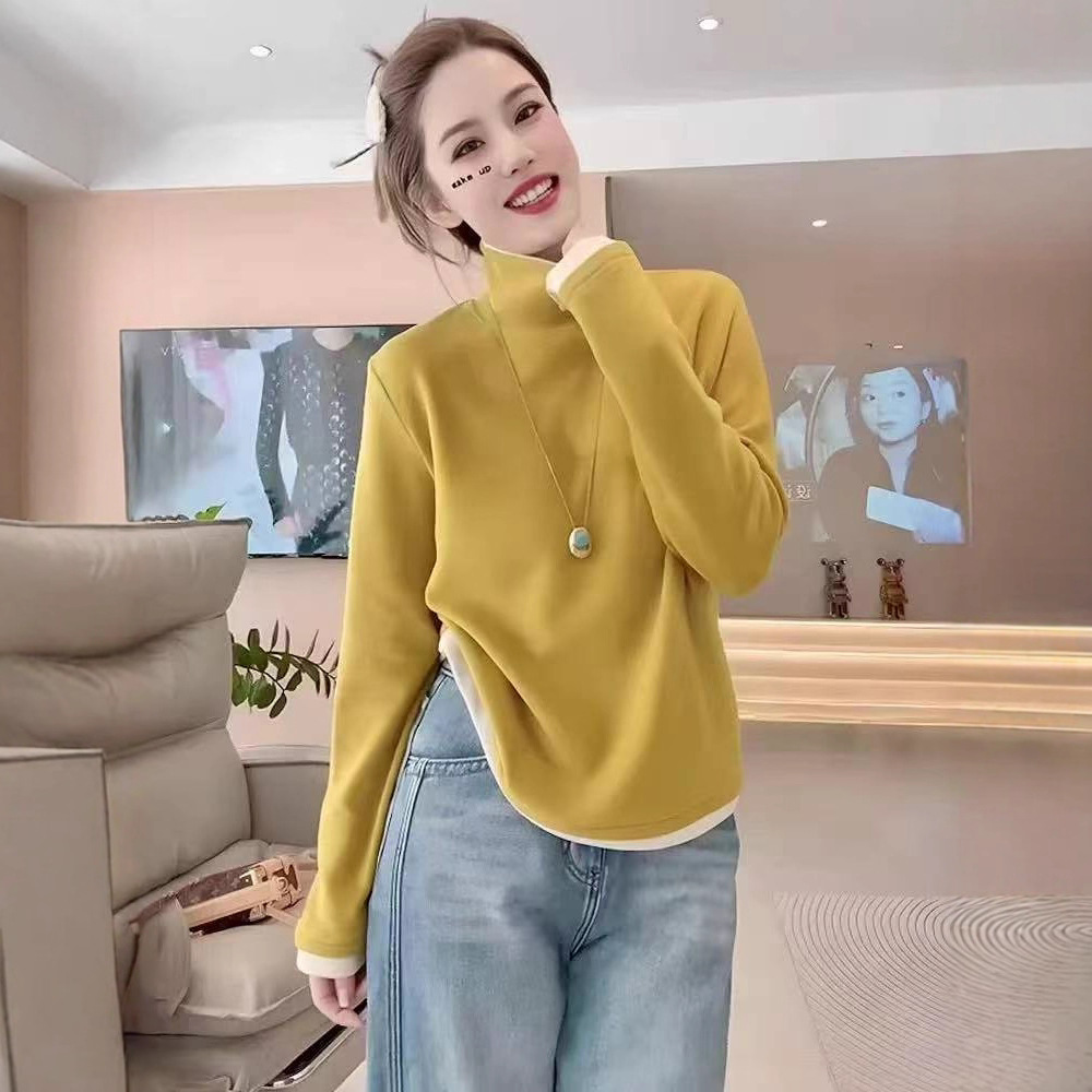 园园美衣冬打底衫女双面德绒加厚保暖打底衫假两件撞色新款打底衫